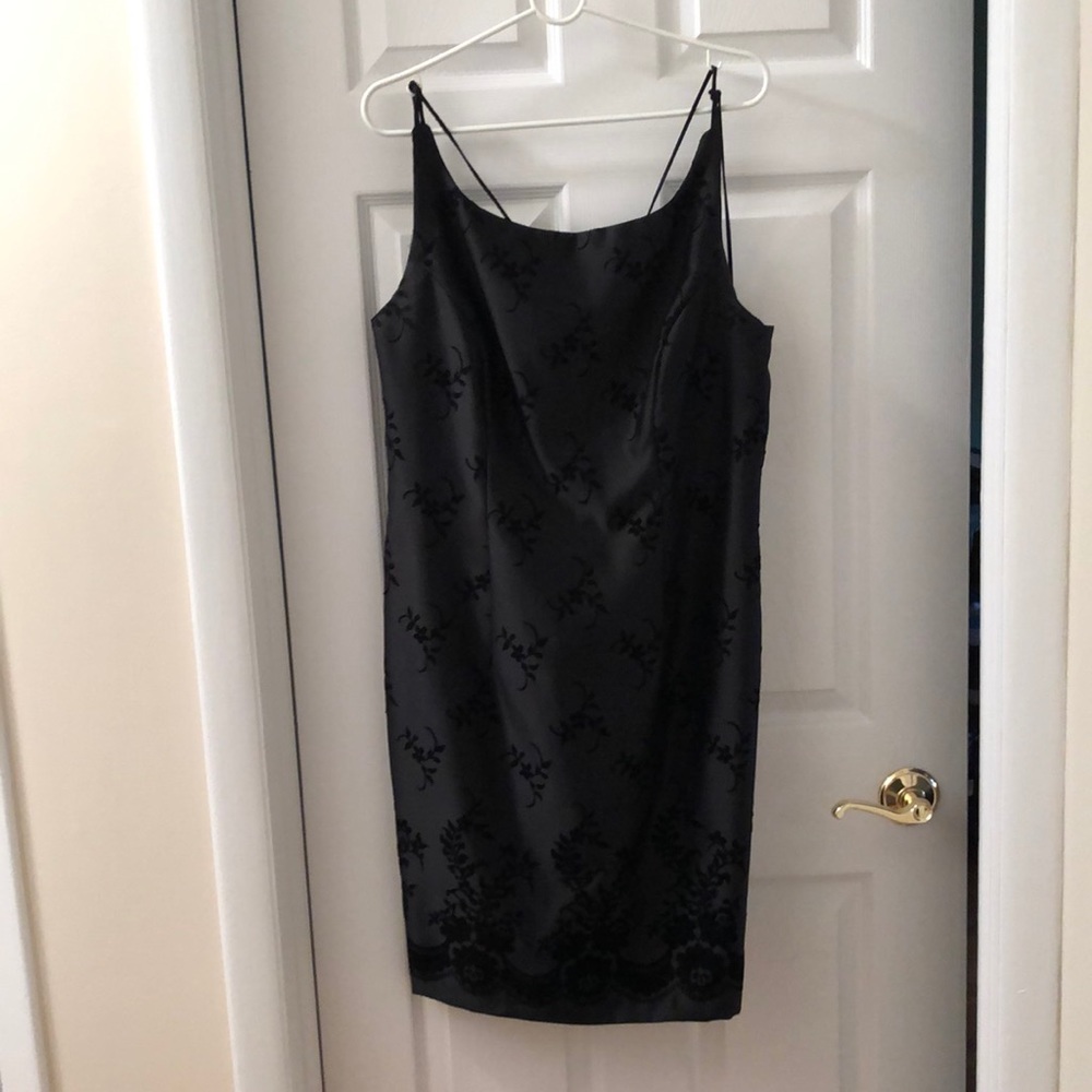 Black satin cocktail dress with velvet floral pattern